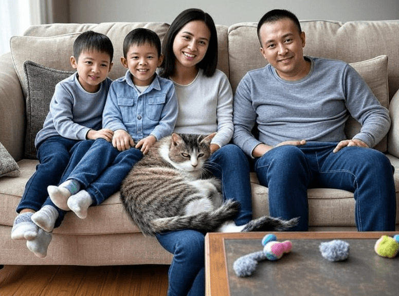 A happy family (parents and children) sitting together with a Domestic Shorthair cat, showing warmth and togetherness.
