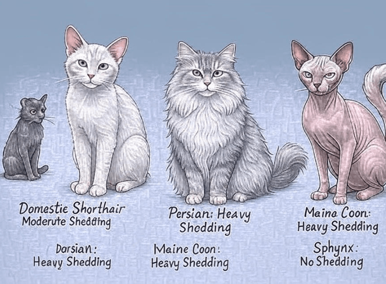 A comparison chart or infographic-style image showing the shedding level of Domestic Shorthairs vs Long-haired cats and Hairless cats.
