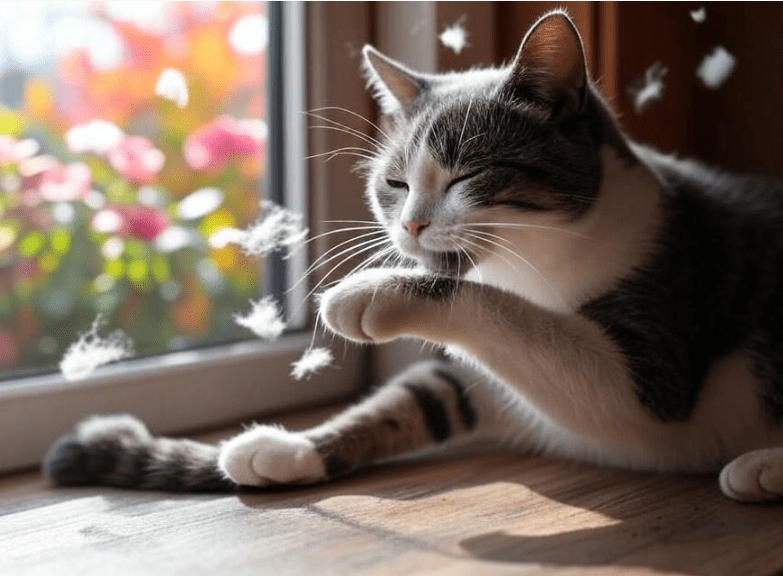 A Domestic Shorthair cat on a windowsill with leaves outside (for autumn) or flower blossoms (for spring), shedding visible fur while grooming itself.