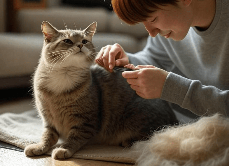 A person brushing a Domestic Shorthair cat using a grooming brush, with a small pile of removed fur nearby, and the cat looking relaxed.

