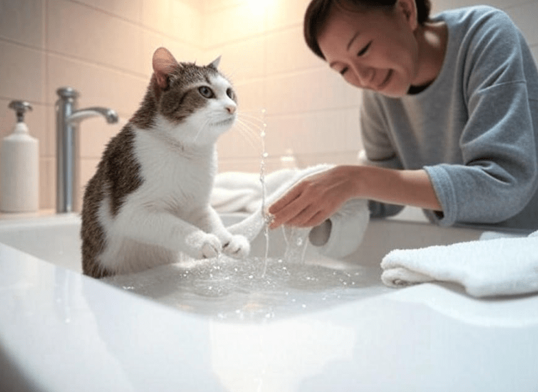 A Domestic Shorthair cat being gently bathed in a sink or small tub by its owner, with minimal water splash, and a towel ready nearby.
