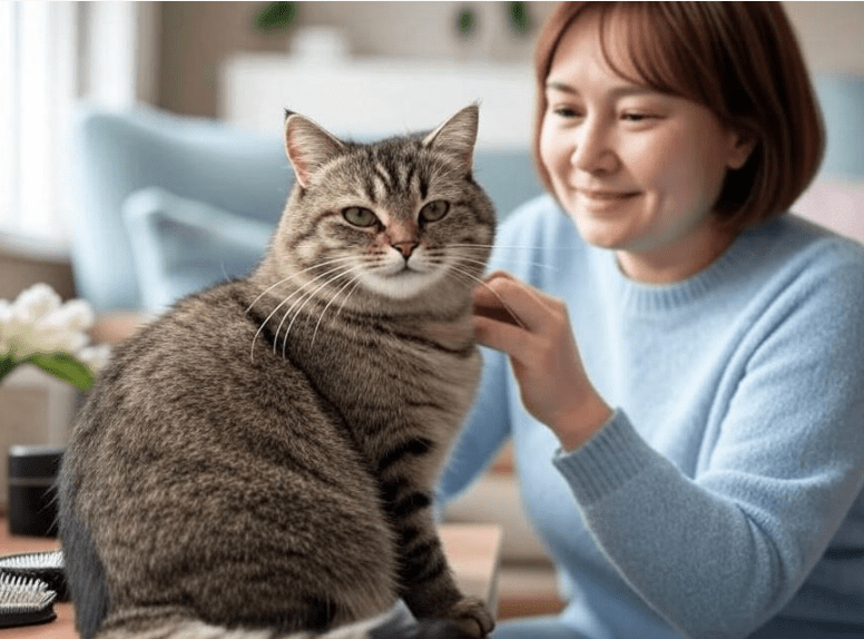 A happy Domestic Shorthair cat being petted by its owner with a brush and comb set on the table—conveying harmony, care, and satisfaction.
