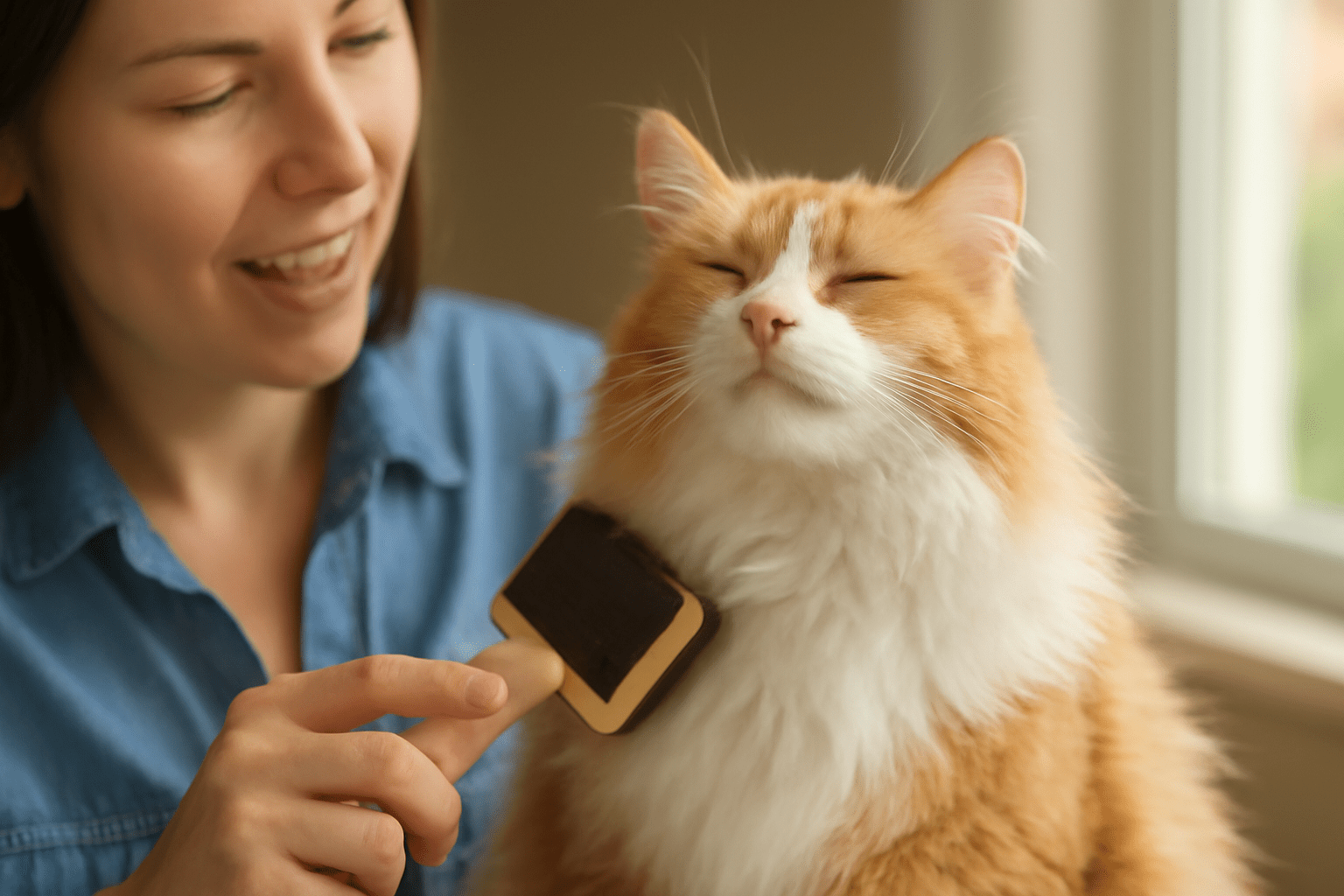 A light-skinned woman with shoulder-length dark brown hair gently brushing a long-haired ginger and white cat, highlighting the importance of grooming for maintaining their beautiful fur. The peaceful atmosphere and warm lighting emphasize the care and bond shared between the pet and owner during grooming.
