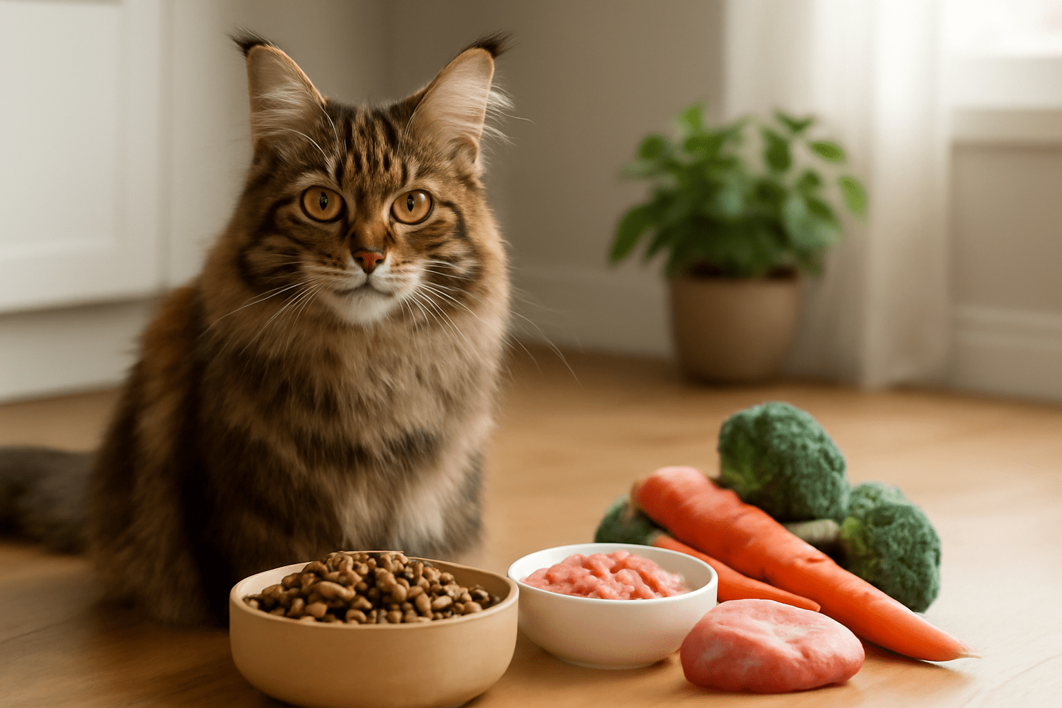A Maine Coon cat with striking golden eyes and lush fur sits on a hardwood floor next to an assortment of healthy food options, including kibble, raw meat, carrots, and broccoli, emphasizing the importance of proper diet and nutrition for maintaining the health and well-being of a female Maine Coon. 