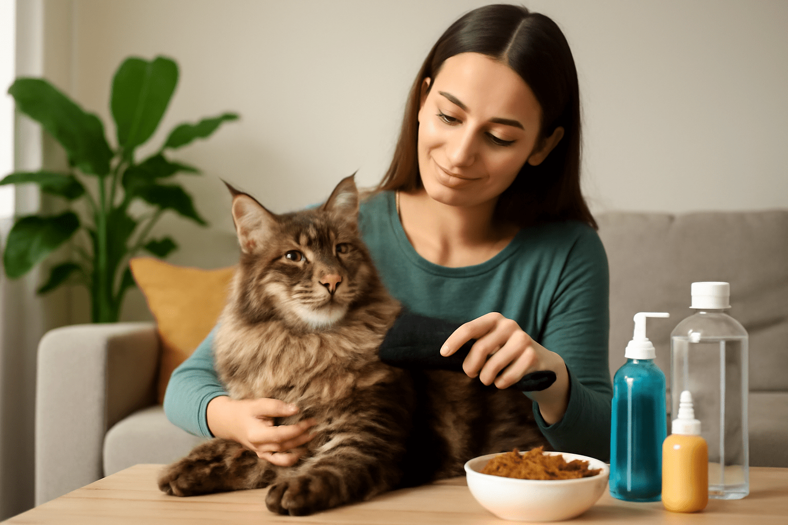 A woman brushing her Maine Coon cat in a cozy living room, promoting health and wellness care for cats, highlighting grooming as an essential part of keeping a female Maine Coon in top shape.