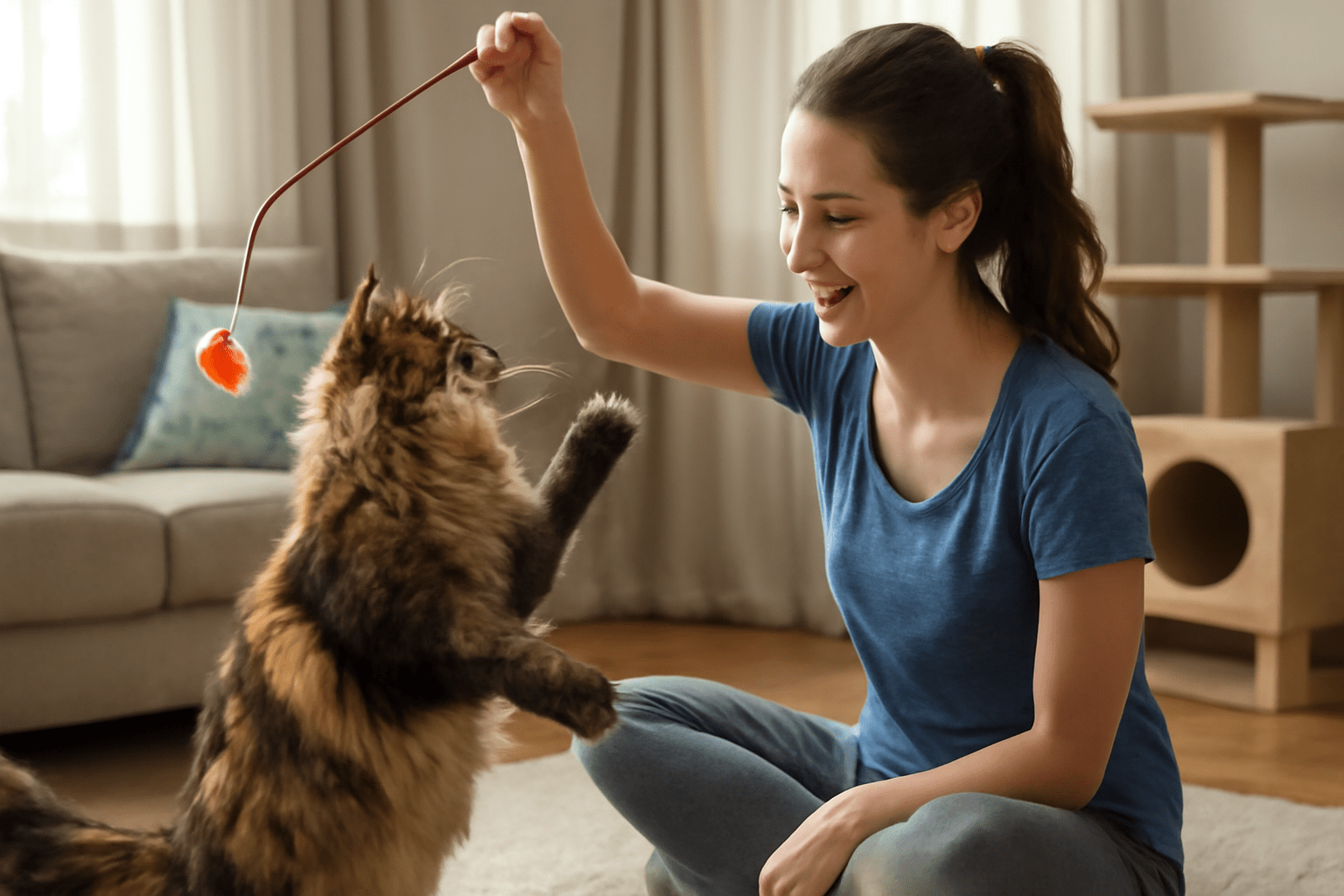A woman and her large Maine Coon cat engaging in a playful exercise session with a red wand toy, promoting mental stimulation and physical activity for the feline.