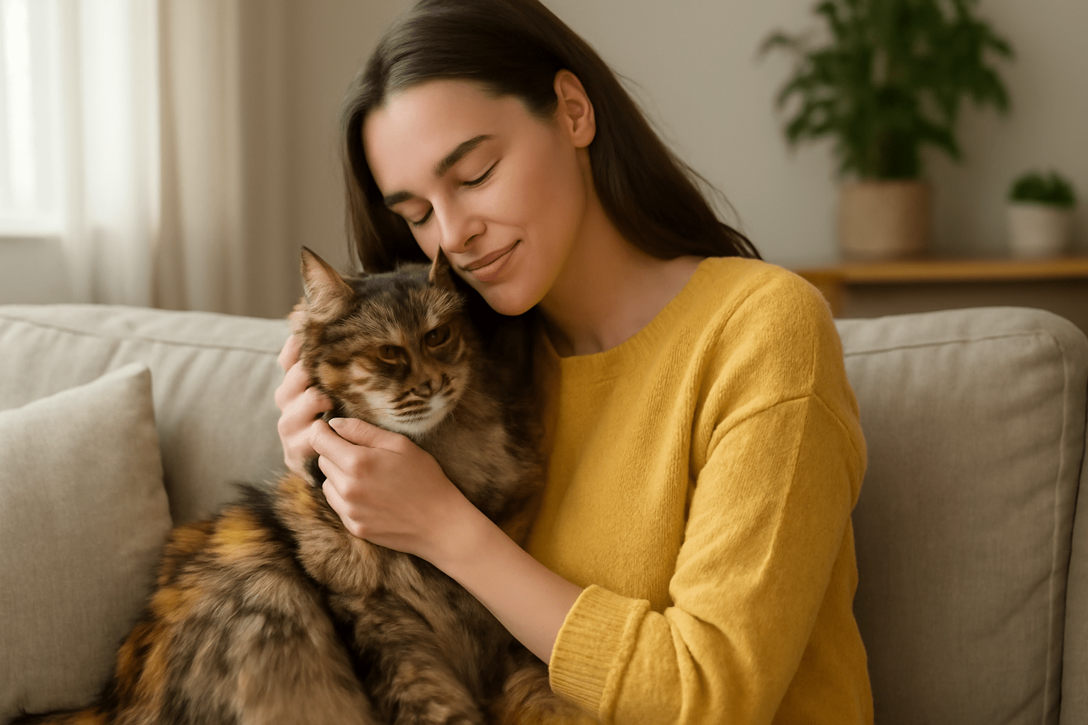 A woman gently holding her Maine Coon cat on a beige sofa, surrounded by soft natural light in a cozy living room, exemplifying a safe and loving home environment for her feline companion.