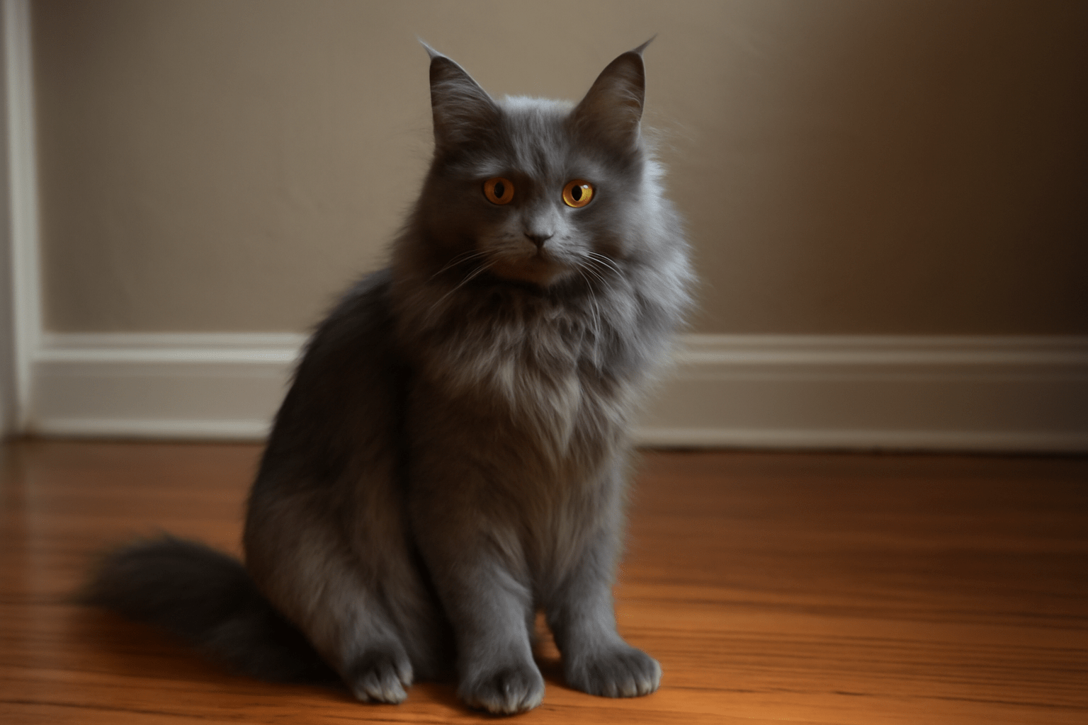 A Blue Smoke Maine Coon Cat with golden amber eyes, sitting on a hardwood floor, illuminated by soft natural light.