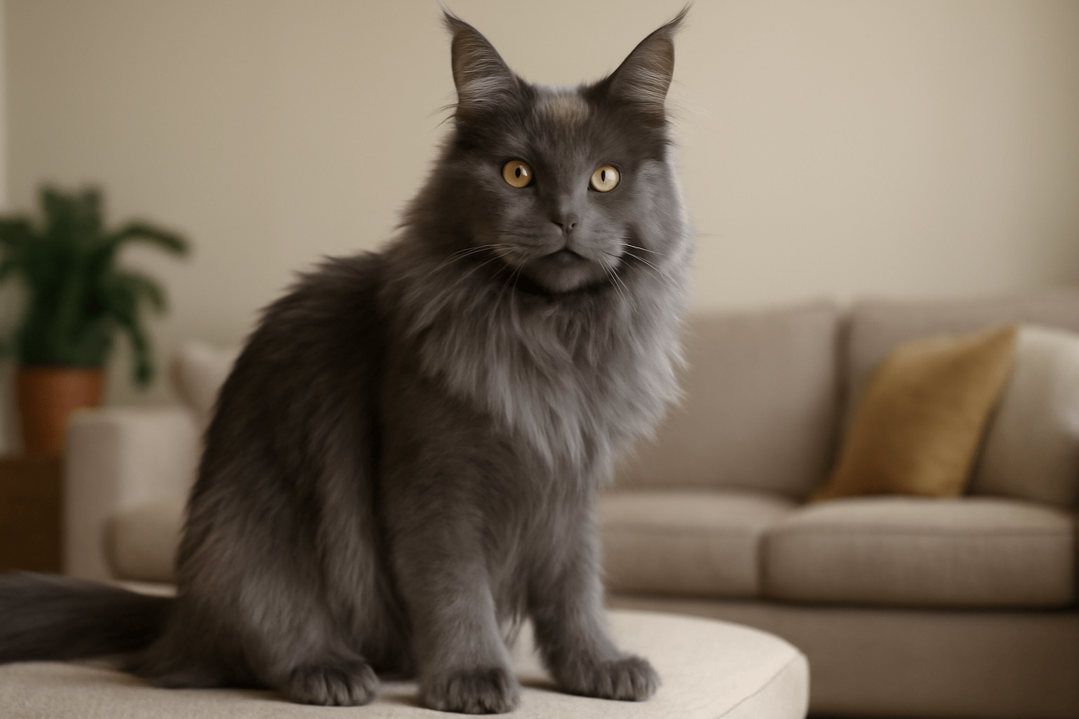 A Blue Smoke Maine Coon Cat with golden-yellow eyes sitting gracefully on a beige ottoman, illuminated by soft natural light in a serene living room setting.