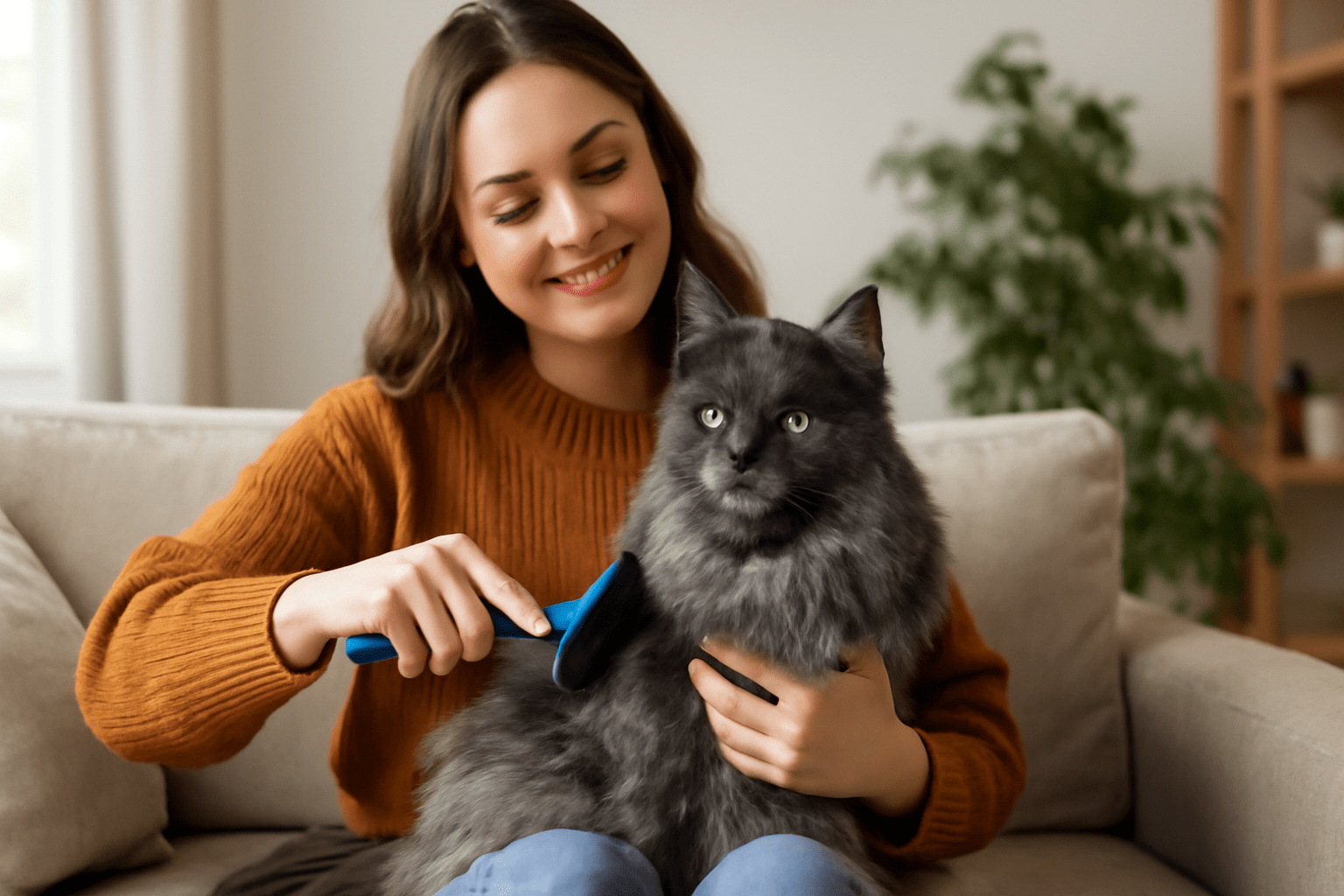 A young woman lovingly brushes her Blue Smoke Maine Coon cat, showcasing grooming care in a cozy living room setting.