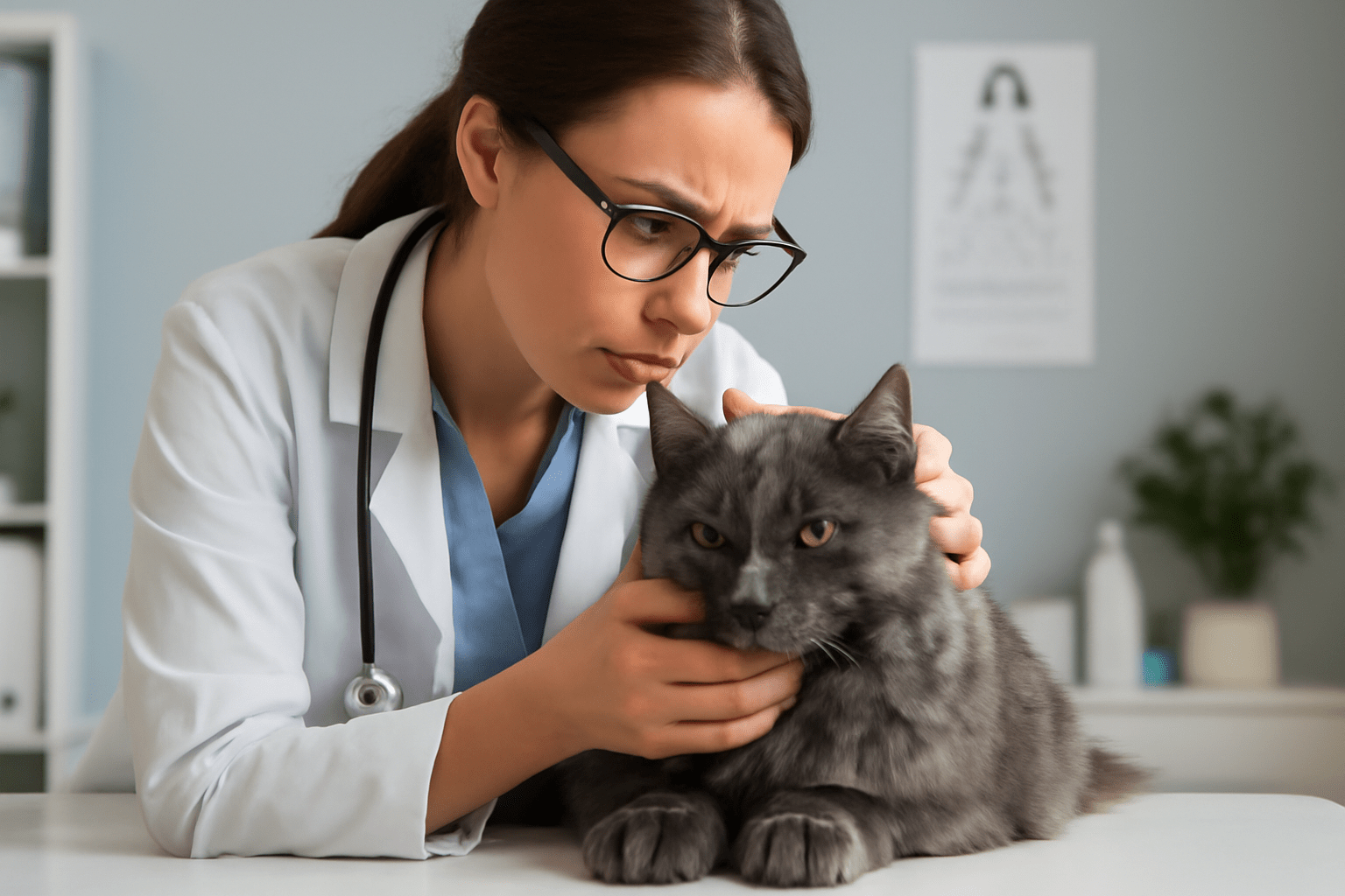 A veterinarian examines a Blue Smoke Maine Coon cat at a clinic, focusing on health concerns in a calm, professional environment.