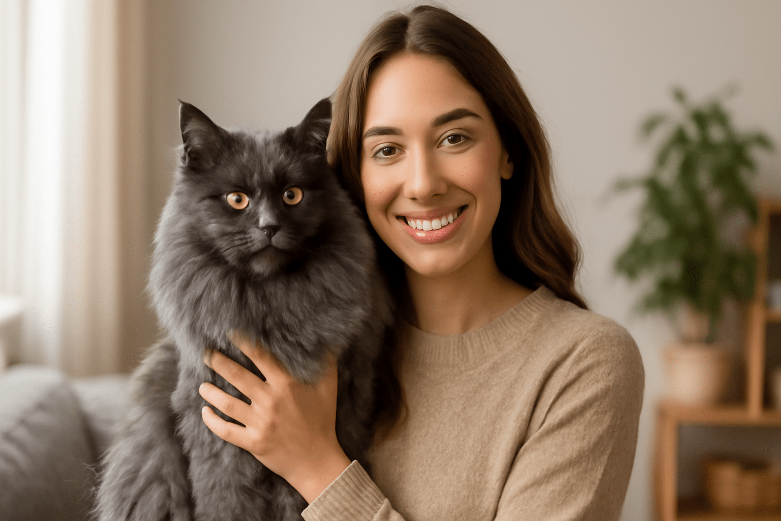 A young woman smiles while holding her Blue Smoke Maine Coon cat, showcasing the affectionate and captivating nature of this breed in a cozy living room setting.
