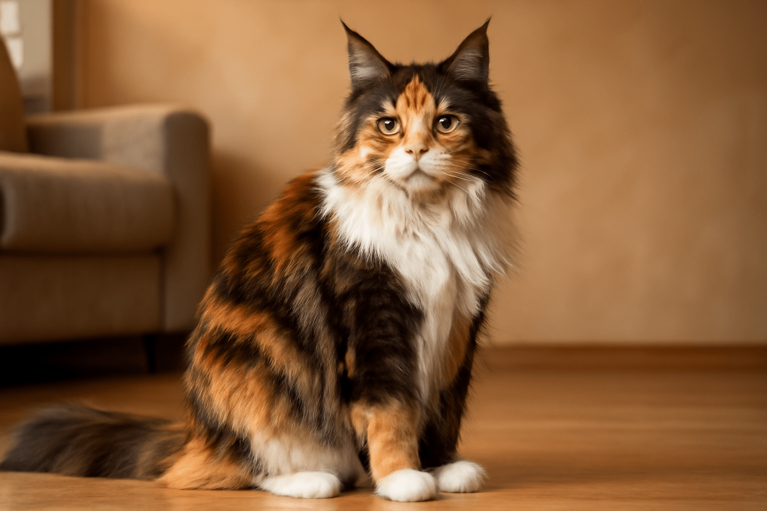 Full-body image of a Calico Maine Coon, displaying its striking tri-colored coat and muscular build in a cozy living room setting.