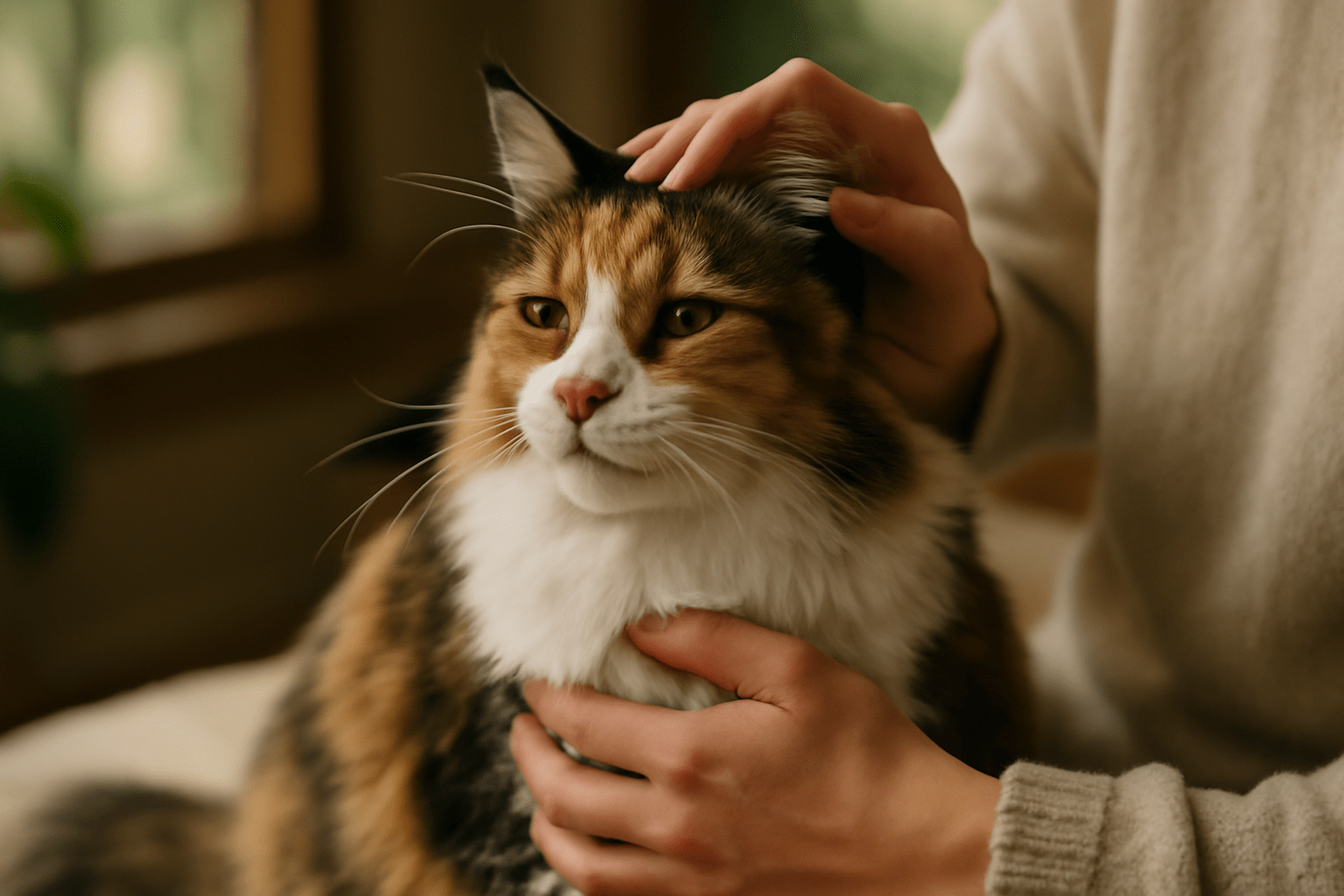 Calico Maine Coon cat with a mix of orange, black, and white fur being lovingly petted by a person in a cozy indoor setting, illuminated by soft natural light.