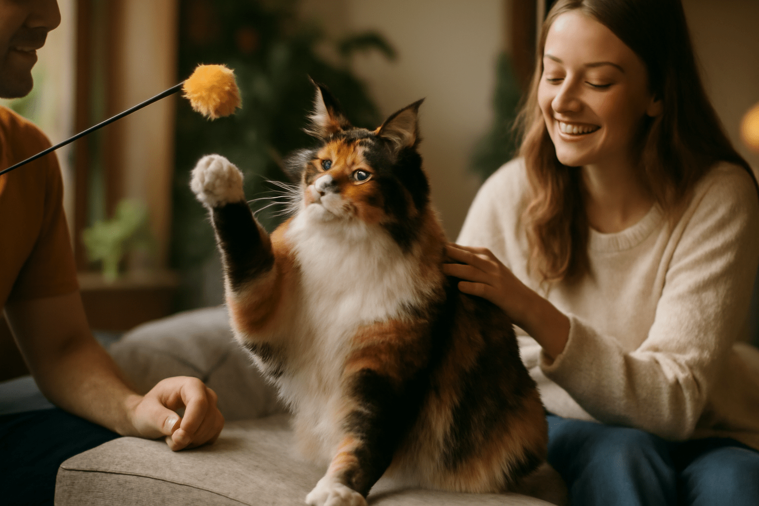 Affectionate Calico Maine Coon cat playing with a yellow toy, surrounded by a smiling woman and a man in a cozy living room, showcasing the playful and loving nature of Maine Coons.