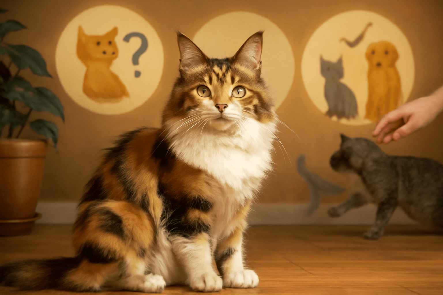 A vibrant, realistic image of a Calico Maine Coon cat sitting gracefully on a wooden floor, with a background depicting whimsical cat myths. The image subtly highlights common myths and truths about this breed, featuring a warm, inviting atmosphere.