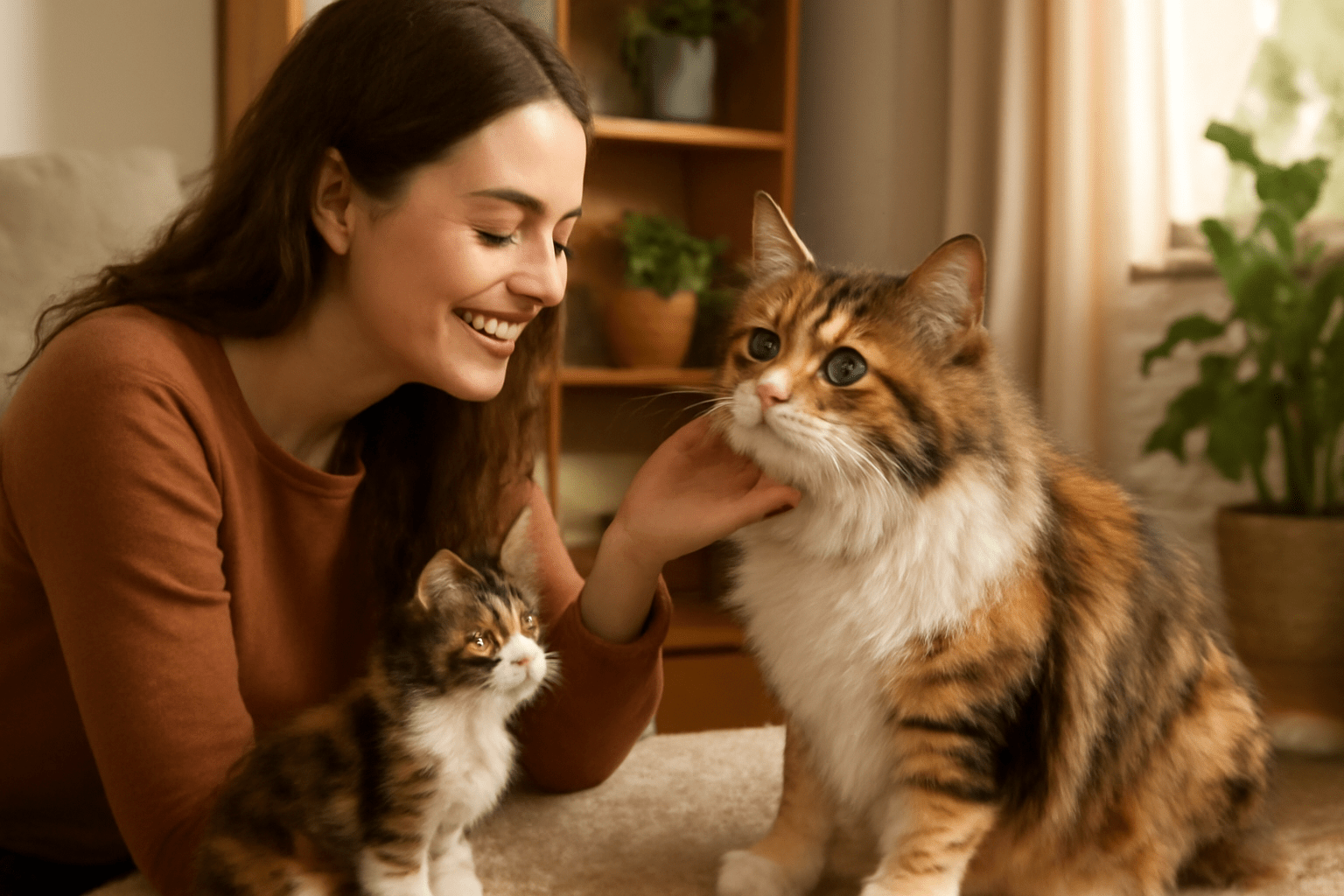 A warm, inviting scene of a young woman gently petting a Calico Maine Coon cat in a cozy indoor setting. A playful kitten sits nearby, highlighting the process of choosing the right cat for a new home.