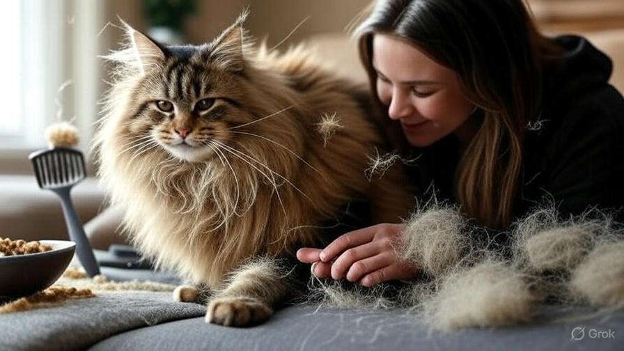 Maine Coon cat being brushed in a cozy home with grooming tools, cat food, and floating fur tumbleweeds