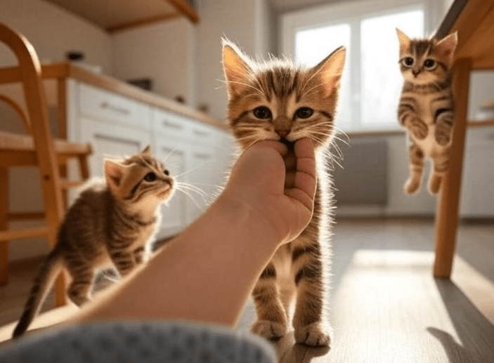 A fluffy kitten biting a human hand gently during play, another jumping up toward a counter, and a third stretching while scratching a chair leg.