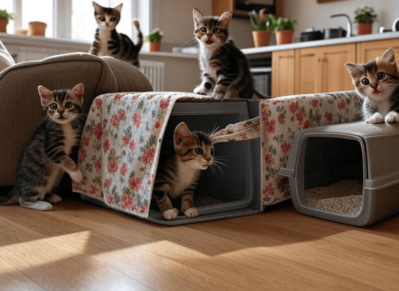 Collage-style or split-scene image showing a kitten scratching a couch, biting a curtain, sitting on a kitchen counter, and standing beside a tipped-over litter box.
