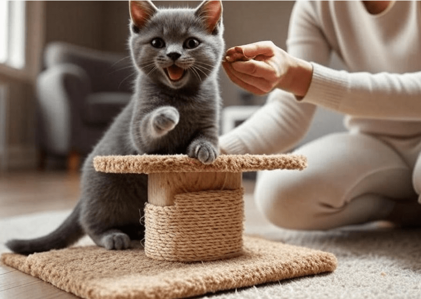A person giving a small treat to a kitten using a scratching post correctly, with a happy kitten face and relaxed body language.
