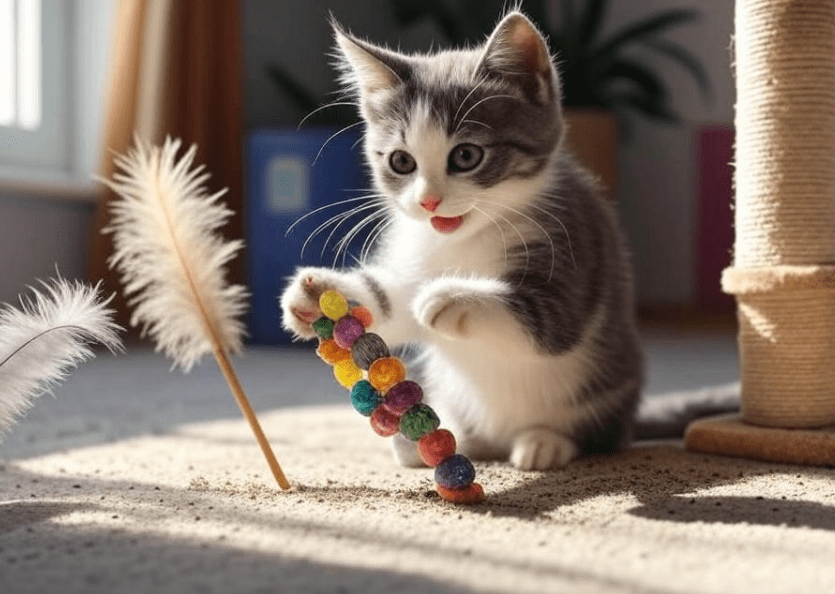A variety of kitten-friendly items like chew toys, interactive feather toys, and a tall scratching post, with a kitten playing happily among them.
