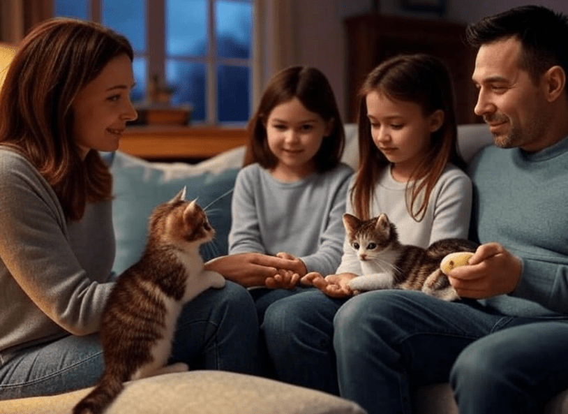 A small family (2–3 members) working together: one saying “no,” another offering a toy, all showing calmness and teamwork around the kitten.
