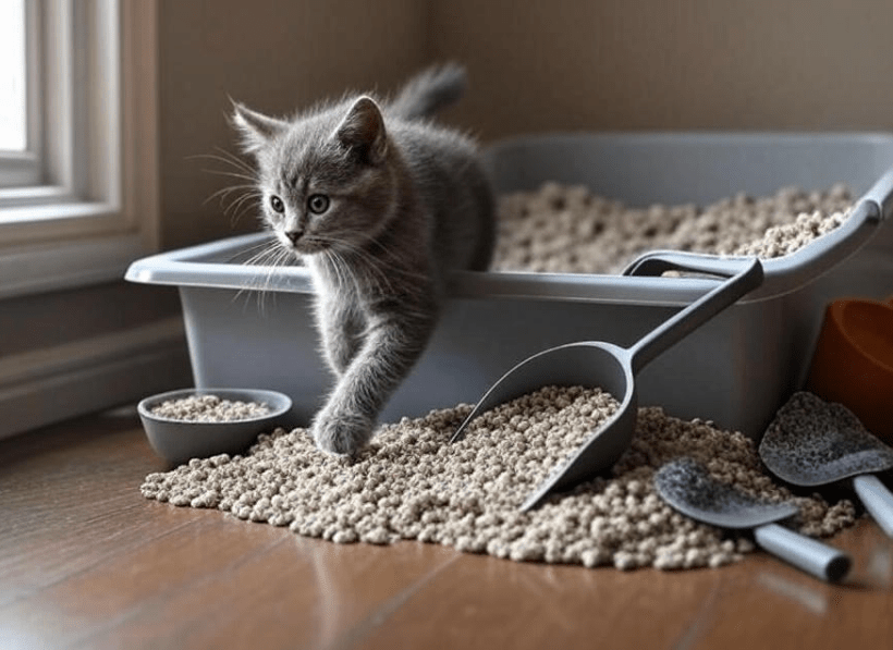  A kitten entering a clean litter box placed in a quiet, easily accessible corner, with different litter types and a scoop nearby.
