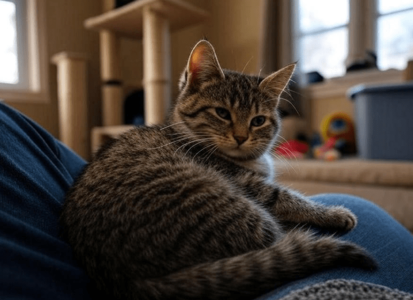 A well-behaved kitten snuggling in an owner's lap with visible toys, a scratch post, and a clean litter box in the background.

