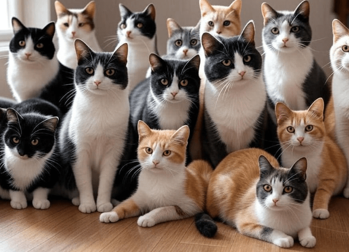 A collage or group image of Domestic Shorthair cats in various coat colors and body shapes (e.g., black, white, grey, orange), showing the diversity in appearance.
