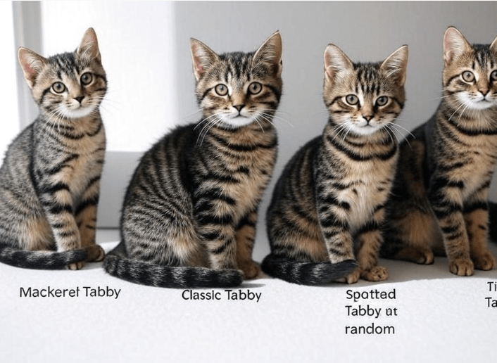 A visual chart or lineup showing the 4 common tabby patterns: Mackerel, Classic, Spotted, and Ticked. Each cat should be labeled clearly.
