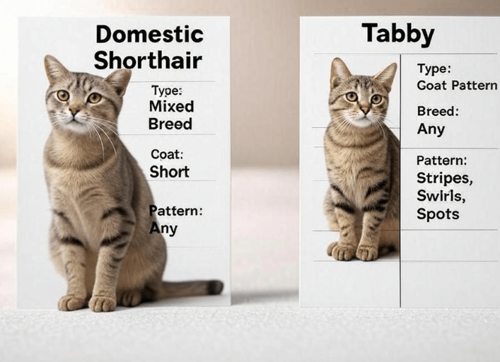 A simple visual chart comparing Domestic Shorthair (Type: Mixed Breed, Coat: Short, Pattern: Any) vs Tabby (Type: Coat Pattern, Breed: Any, Appearance: Stripes/Swirls).
