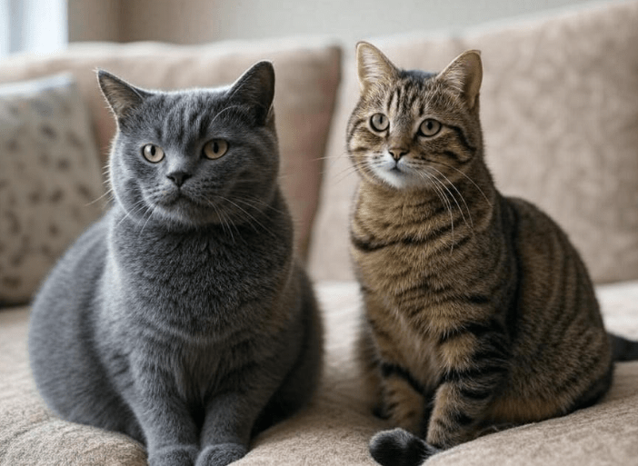 A Domestic Shorthair with a solid coat (e.g., grey or black) next to a Tabby with distinct striping and the 'M' on the forehead, both looking at the camera or lounging naturally.
