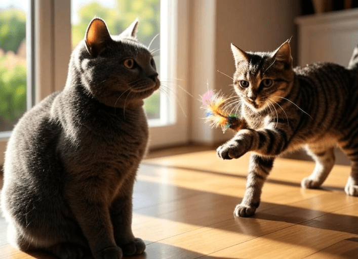 One Domestic Shorthair cat calmly watching out the window and one Tabby cat actively playing with a toy — to contrast calm vs playful.
