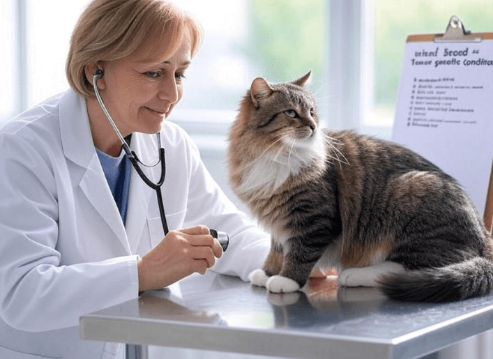 A vet examining a Domestic Shorthair cat on a table, with a health checklist or stethoscope nearby. Optional: add a small visual bubble indicating "mixed breed = fewer genetic conditions".
