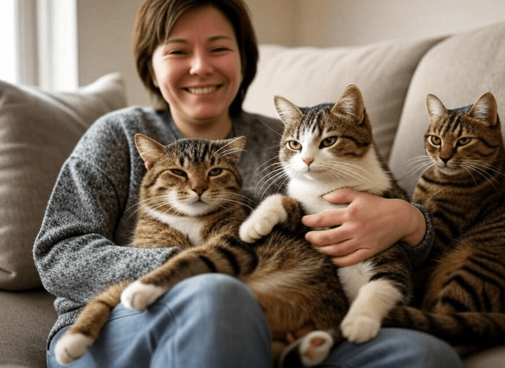 A happy person holding a Domestic Shorthair in one arm and petting a Tabby cat sitting beside them. The scene shows both types being loved and cared for.
