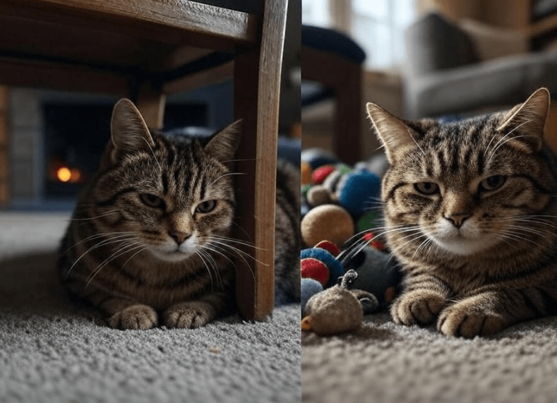 A split-image: one side showing a tired cat hiding under furniture (over-exercised), the other showing a cat yawning next to old, ignored toys (boredom from repetition).
