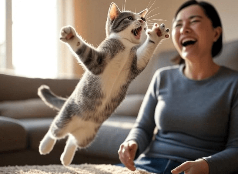 A healthy, energetic Domestic Shorthair cat playfully interacting with its owner — both joyful, in a bright living room.
