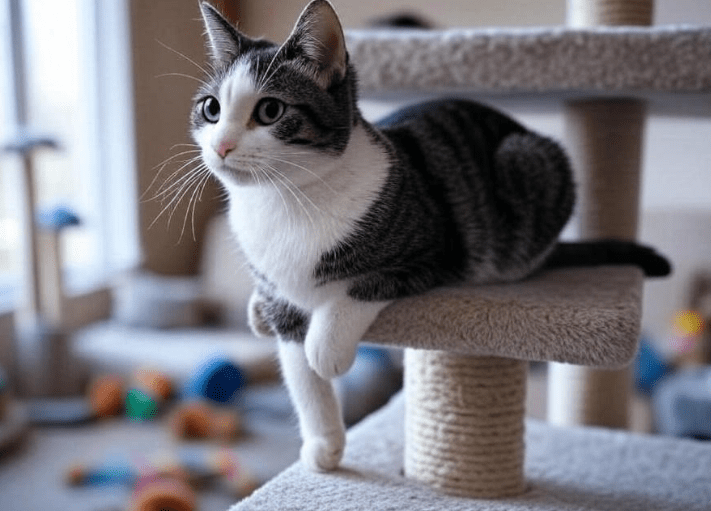 A curious Domestic Shorthair cat climbing a cat tree or peeking from a shelf, clearly exploring its surroundings.
