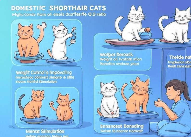 A visual infographic listing the top 4 benefits of exercise for cats: weight control, mental stimulation, better behavior, and bonding.
