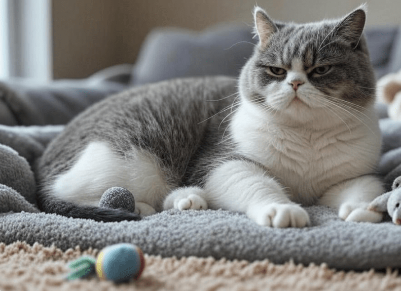 A slightly overweight Domestic Shorthair cat lying down, looking bored, with scattered unused toys nearby.
