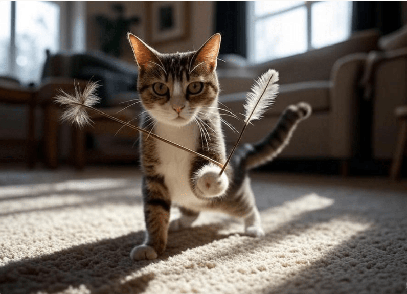 A Domestic Shorthair cat actively chasing a feather wand toy or a laser dot, looking focused and excited.
