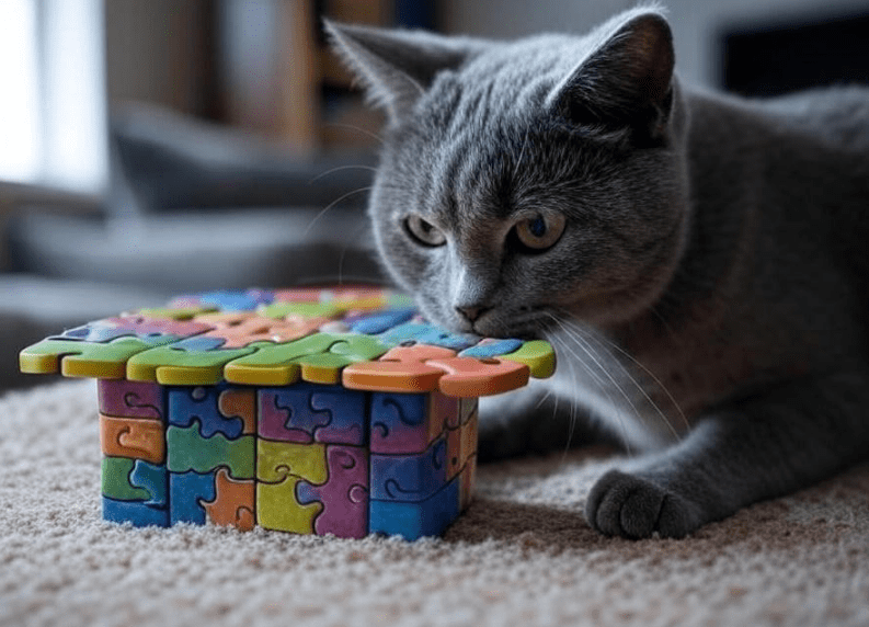 A Domestic Shorthair cat using a puzzle feeder, tapping it with a paw to release kibble.

