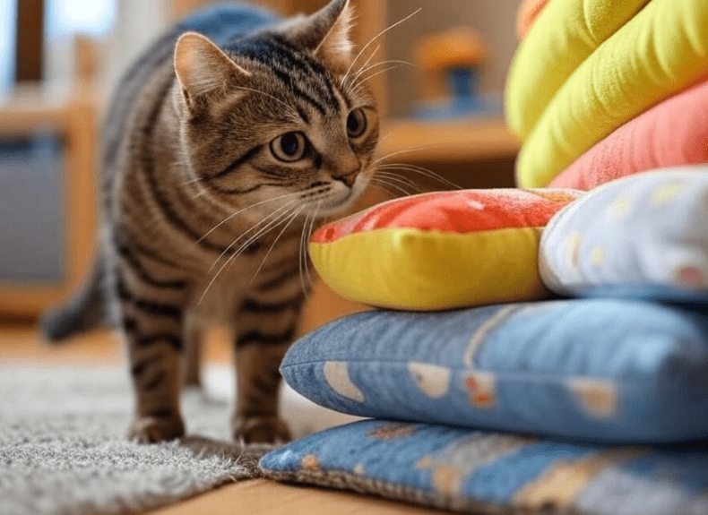 A Domestic Shorthair cat sniffing around cushions or boxes, searching for hidden treats or toys.
