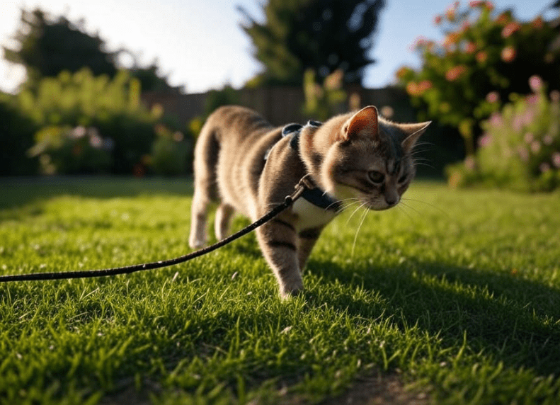 A Domestic Shorthair cat walking outside on a harness in a secure garden or backyard.
