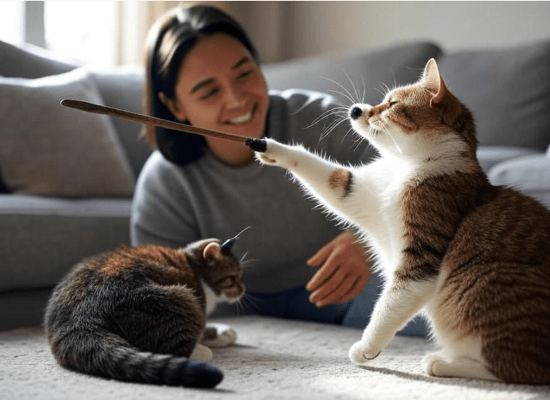 A person playing with their Domestic Shorthair cat using a toy, both looking engaged and happy.
