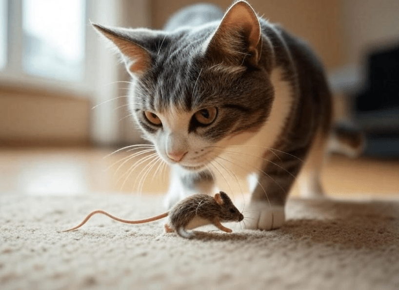 A curious cat sniffing a toy or exploring its environment.
