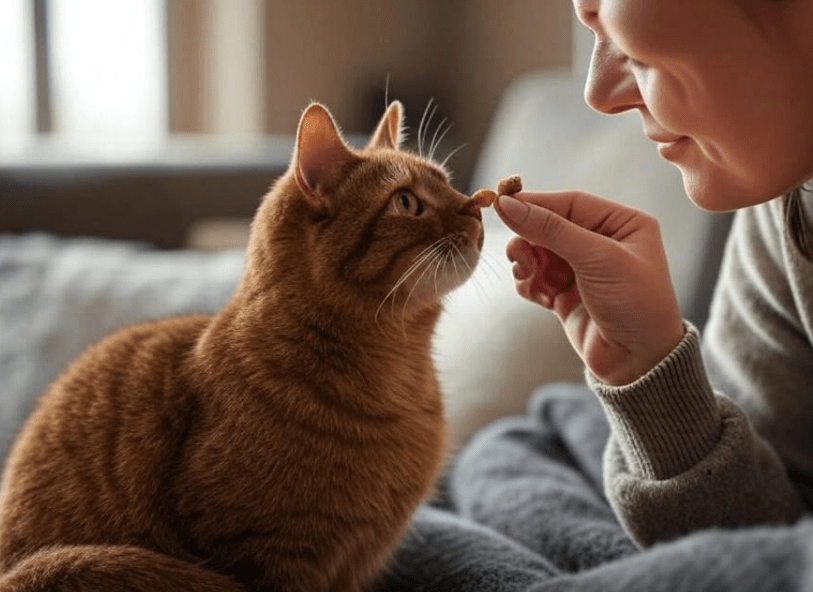 Owner giving a treat to the cat right after it performs a task.
