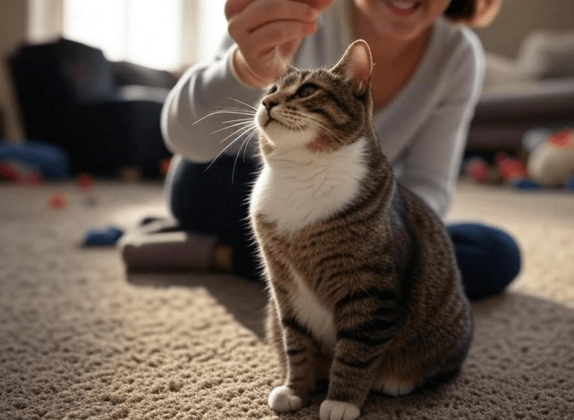 Cat sitting while the owner guides it with a treat.
