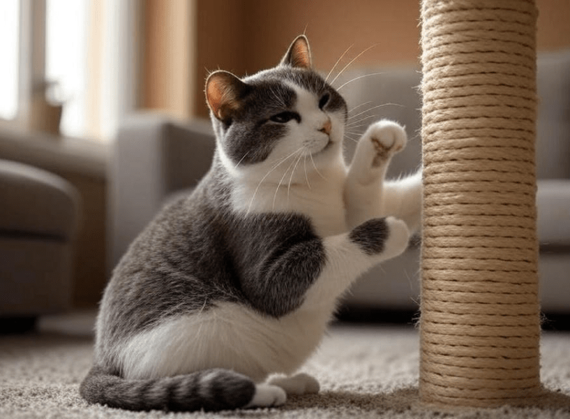 Cat using a scratching post while ignoring nearby furniture.
